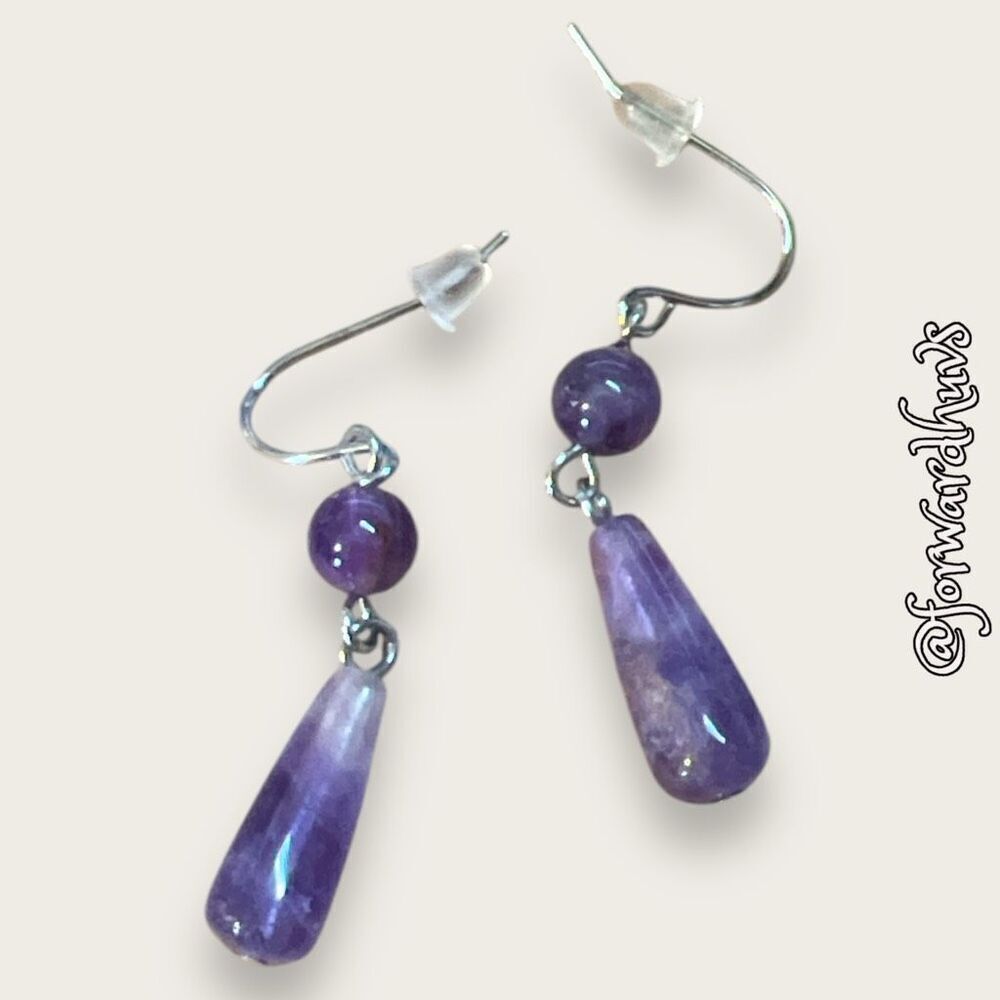 Elegant Amethyst Teardrop Dangle Earrings - Silver Tone - Picture 4 of 8